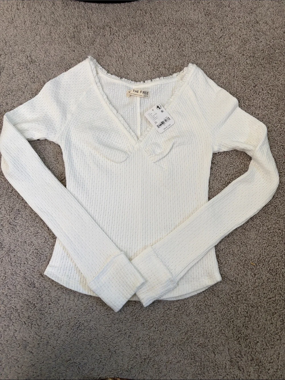 We The Free People Ivory Knit Long Sleeve V-Neck Babydoll Thermal Top XS NWT